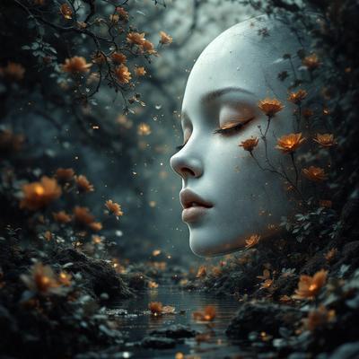 The primary subject of the image is a woman's face, which is the main focus of the scene. The setting is a forest with flowers, creating a serene and natural backdrop. The visual style is a digital art or illustration, giving the image a unique and artistic appearance. The colors and mood of the image are predominantly warm and soothing, with the woman's face being the central point of interest.